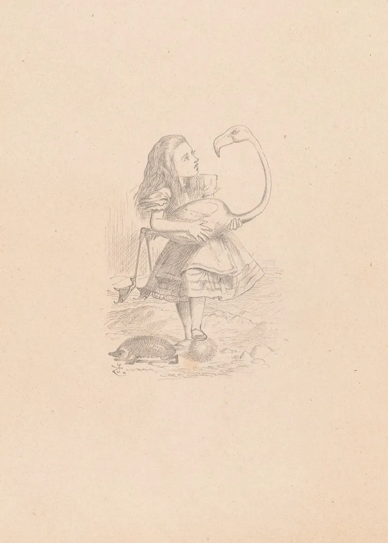 Drawing Of Alice Trying To Play Croquet With Flamingo And Hedgehog
