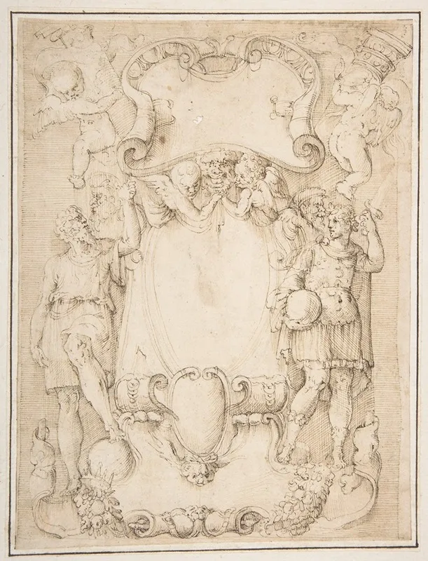 Drawing Of Cartouche With Bearded Man Left Young Man Crowned With Laurels Right And Four Putti by Battista Franco - Canvas Print