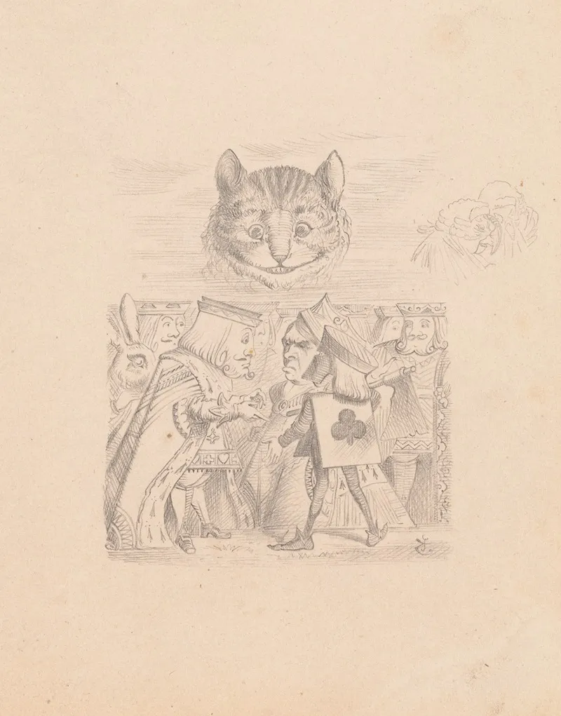 Drawing Of The Cheshire Cat In The Sky With Executioner King And Queen Below