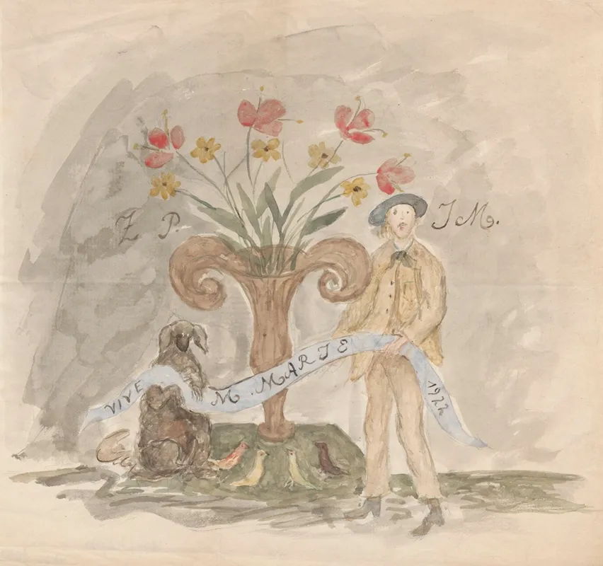Drawing With Name Day Letters For Maria Mickiewiczowna With Self Portrait Of The Artist Holding A Band