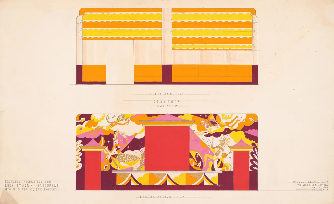 Drawings For Proposed Decorations Of Mike Lymans Restaurant 424 W Sixth St Los Angeles Ca Drawing 7 Playroom Elevation L And Bar Elevation M by Winold Reiss - Canvas Print