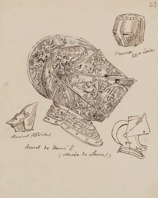 Drawings Of Helmets From The 13th And 14th Centuries And The Helmet Of King Henry Ii From Ca 1560 From The Louvre Collection
