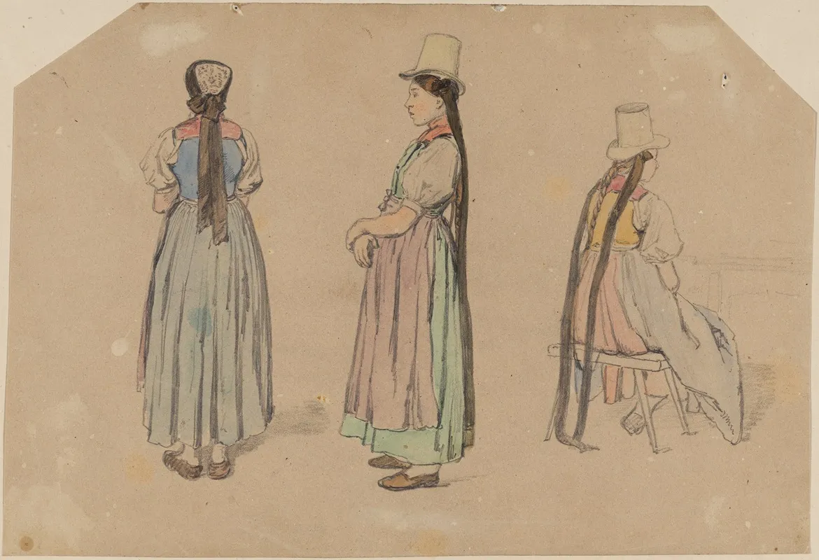 Drei Figurenstudien Einer Bauerin In Triberger Tracht