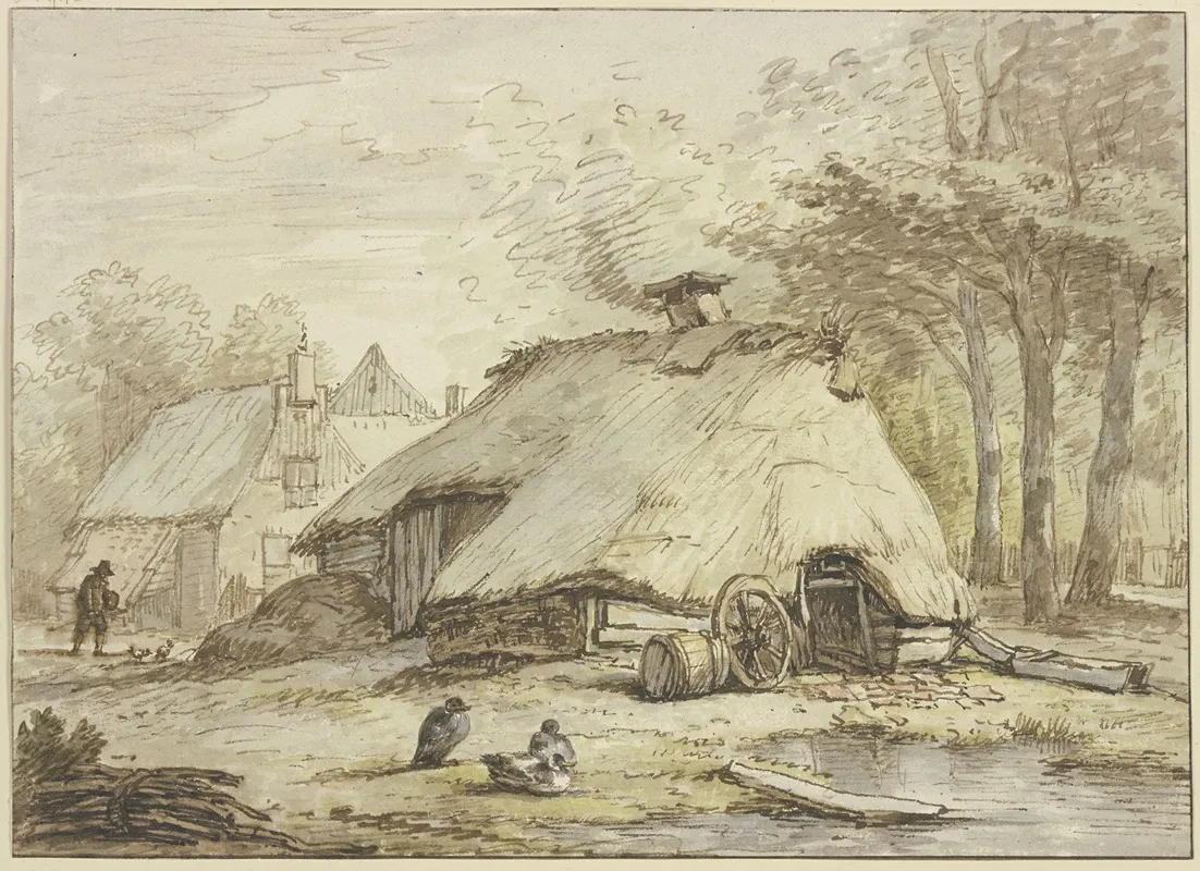 Drei Hutten Unter Baumen Im Vordergrund Drei Sitzende Enten by Anthonie van Borssom - Canvas Print