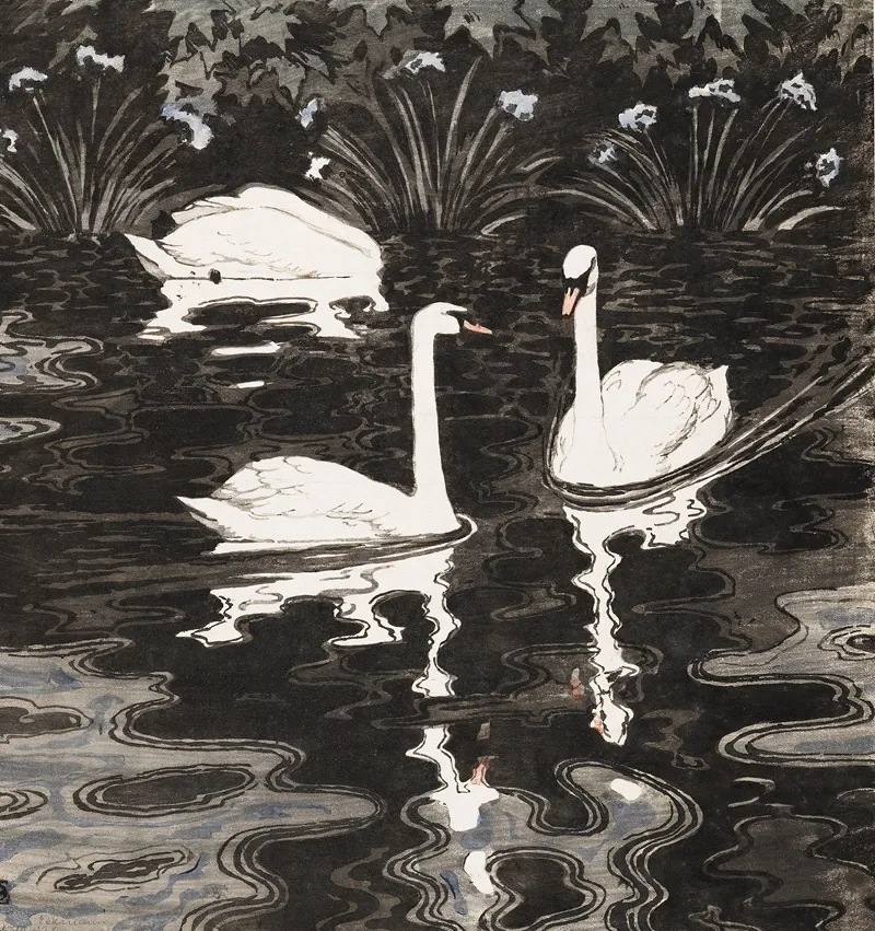 Drei Schwane Auf Dunklem Gewasser 2 by Otto Eckmann - Canvas Print