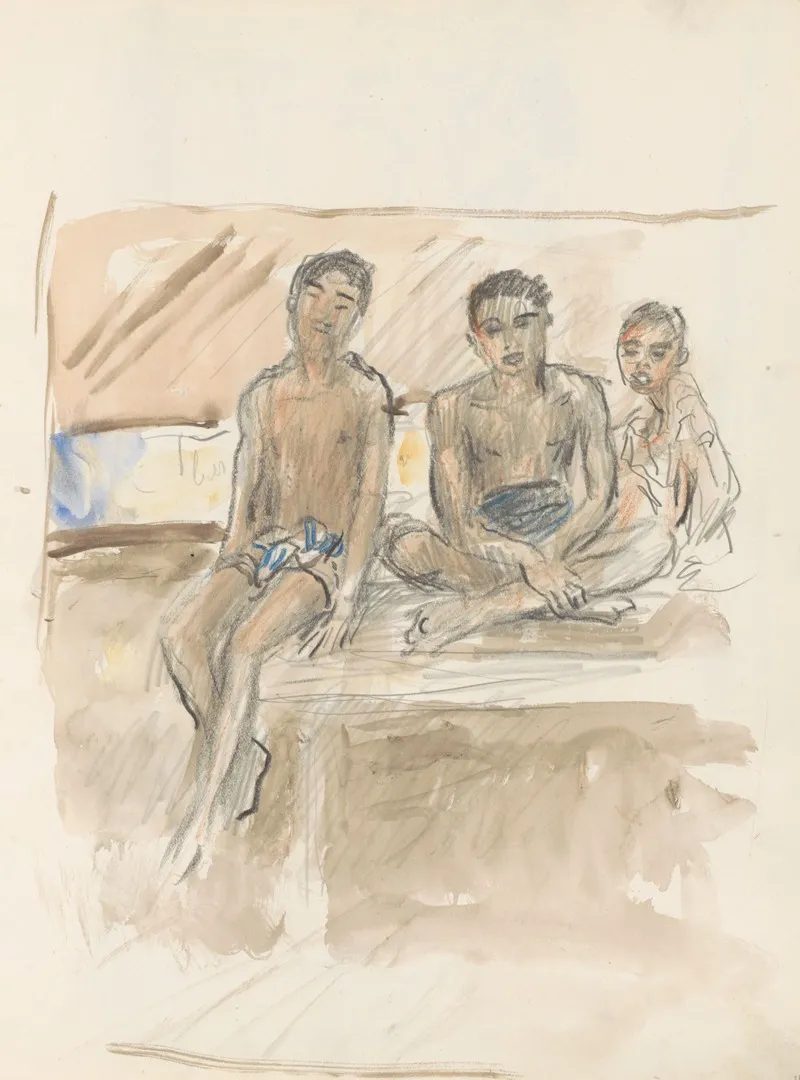 Drie Jongens In Lendendoeken Zittend Op Een Muur