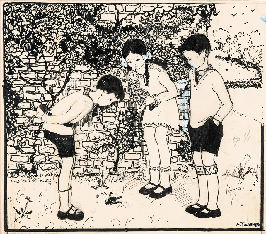 Drie Kinderen Kijken Naar Een Gevallen Vogel by A. Tinbergen - Canvas Print