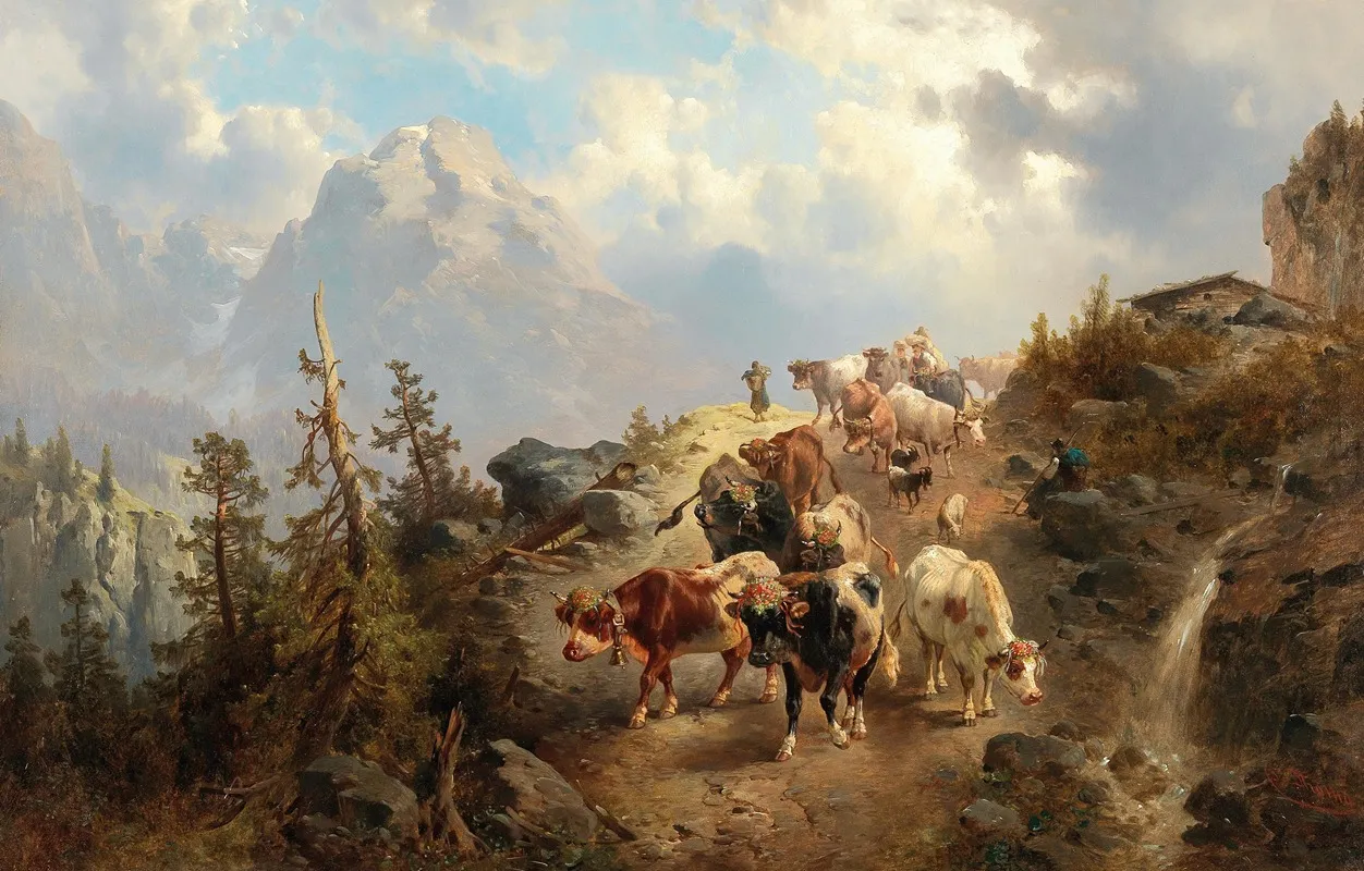 Driving Down The Cattle From The Alps by Josef Thoma - Canvas Print