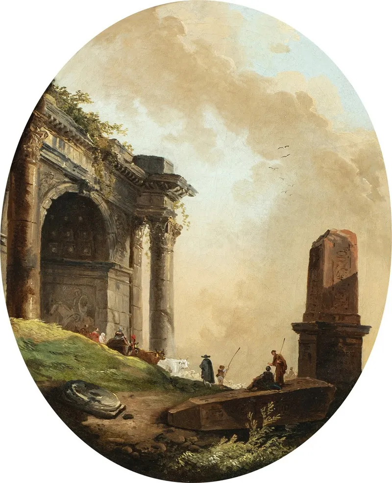 Drovers And Their Livestock Before A Ruined Arch And Obelisk