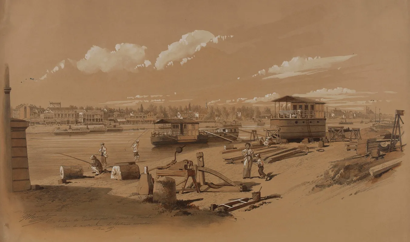 Du Viaduc Du Point Du Jour Au Pont De Grenelle Chantier De Construction Des Bateaux Mouches by Jules-Adolphe Chauvet - Canvas Print