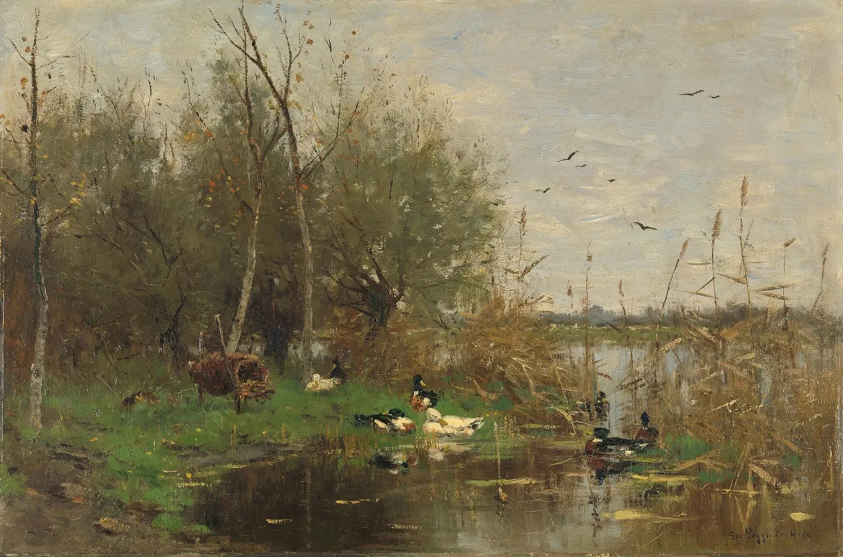 Ducks Beside A Duck Shelter On A Ditch by Geo Poggenbeek - Canvas Print