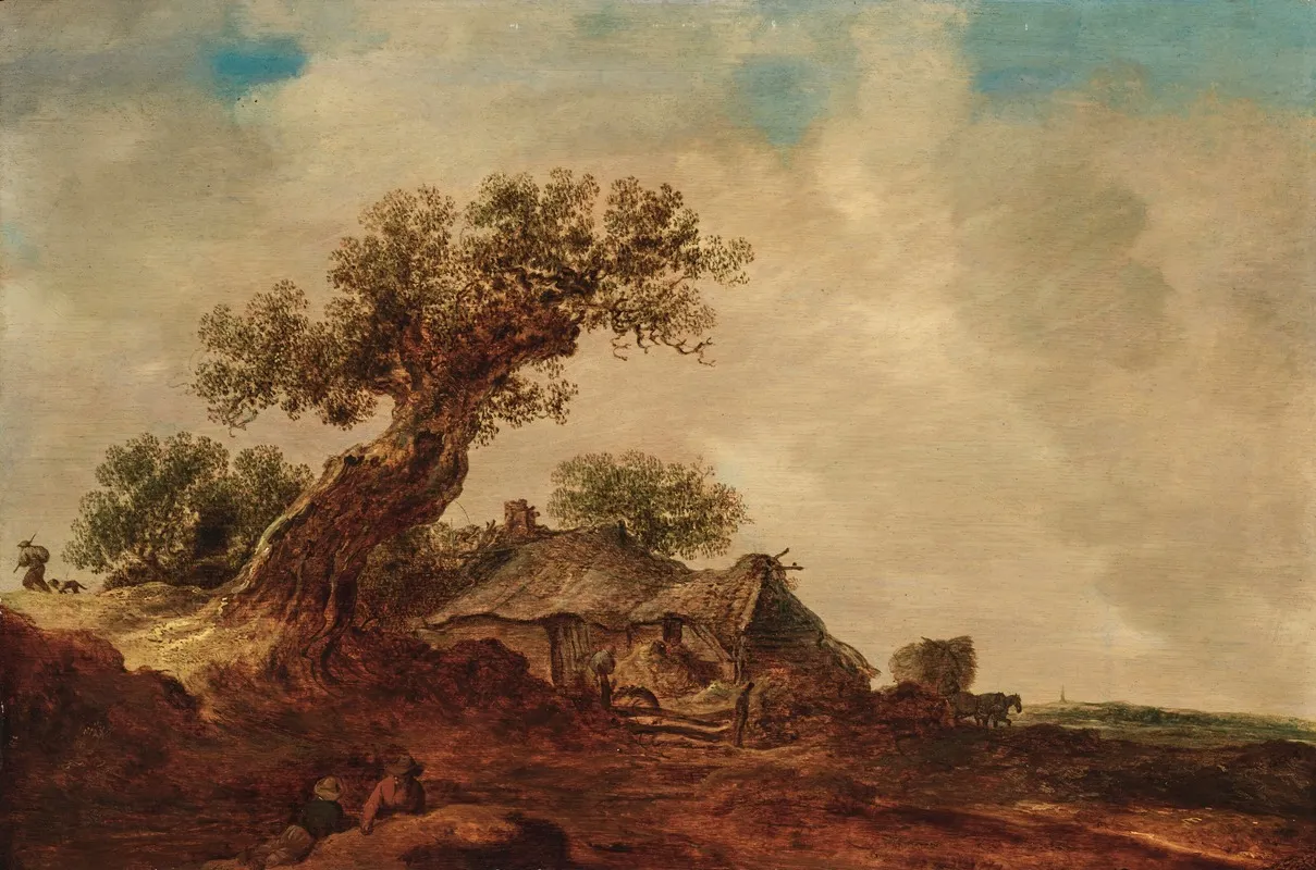 Dune Landscape With A Thatched Cottage Next To An Oak Tree A Meadow In The Background