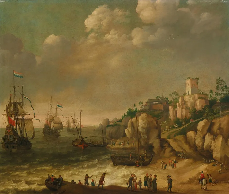 Dutch Ships In Front Of A Rocky Coast With Figures Buildings Beyond by Adam Willaerts - Canvas Print