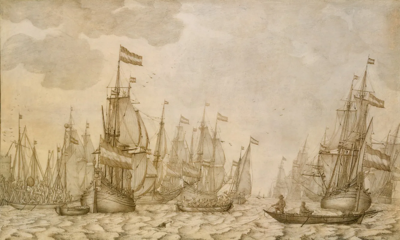 Dutch Ships On A Harbour by Willem van de Velde the Elder - Canvas Print