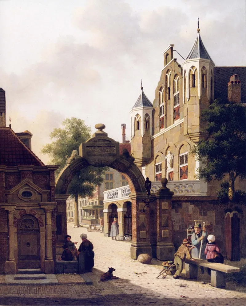 Dutch Street Scene With Figures In The Foreground by Jan Hendrik Verheijen - Canvas Print
