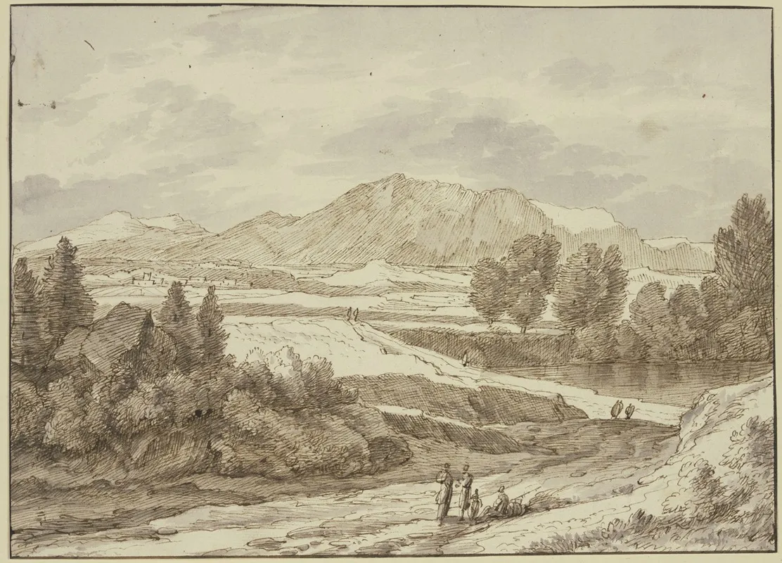 Ebene Vor Dem Gebirge Rechts Ein See Auf Dem Weg Verschiedene Figuren by Jacob Esselens - Canvas Print