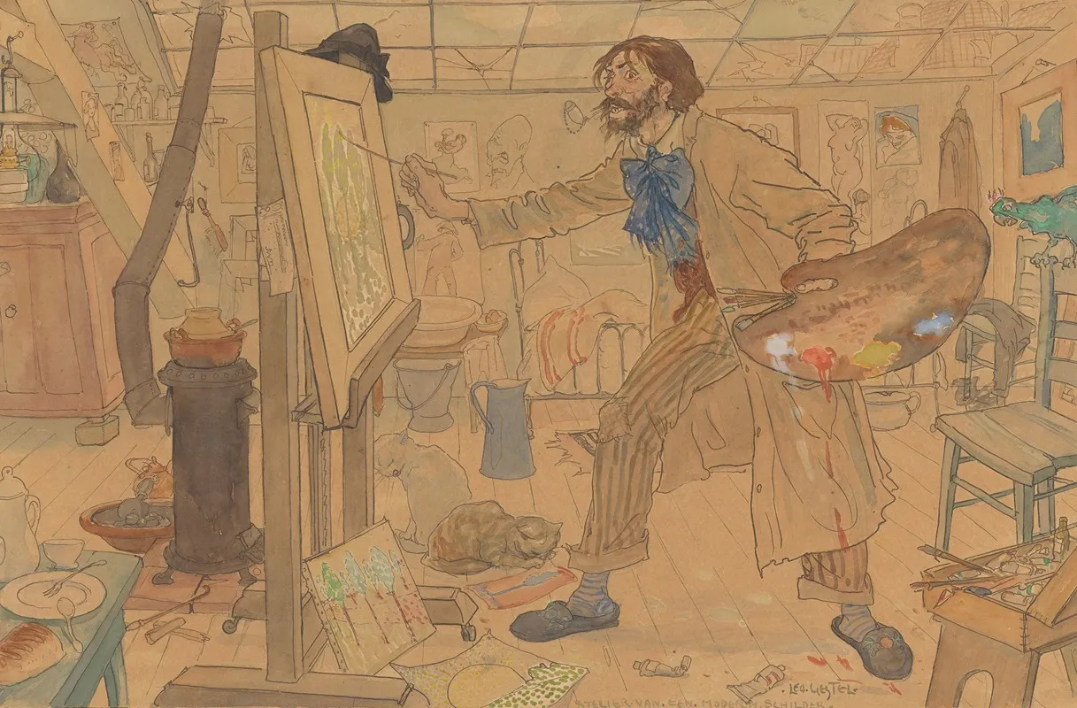 Een Enigszins Karikaturaal Weergegeven Schilder Wsch Jan Sluyters Werkend In Zijn Atelier Aan Een Luministisch Landschap