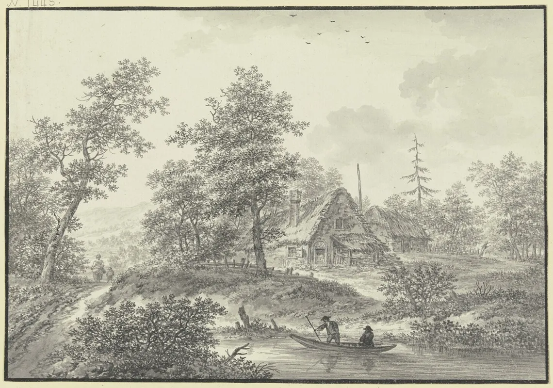 Eichenwald Mit Zwei Strohhutten Im Vordergrund Ein Bach Mit Zwei Bauern In Einem Boot by Karl Franz Kraul - Canvas Print