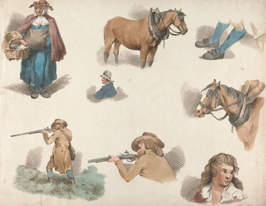 Eight Studies Woman With Basket Blinkered Cart Horse Etc