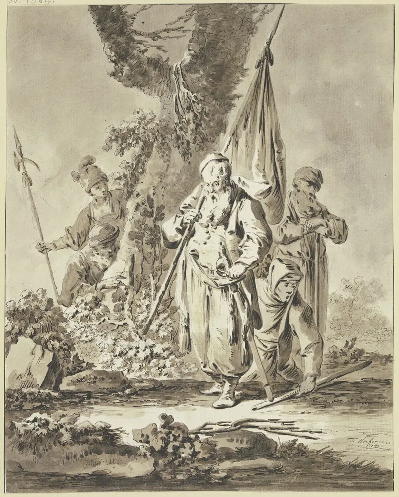 Ein Alter Mann Mit Fahne Und Degen Sowie Zwei Weitere Figuren by Tiberius Dominikus Wocher - Canvas Print