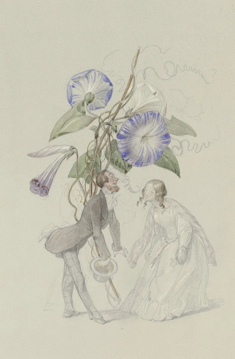 Ein Bouquet Von Blauen Winden Darunter Ein Sich Voreinander Verbeugendes Paar by Adolf Schrödter   - Canvas Print