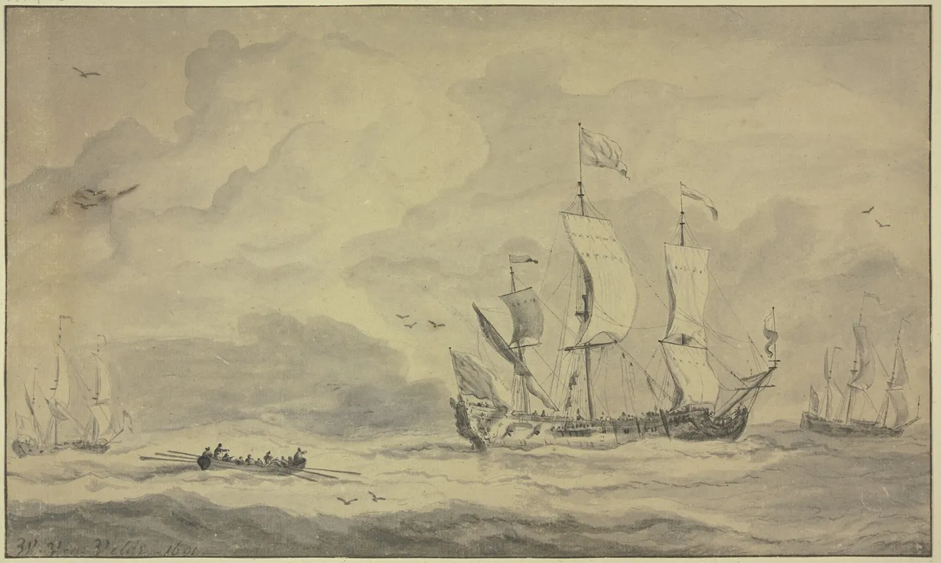 Ein Dreimaster Nach Rechts Segelnd Dahinter Ein Ruderboot