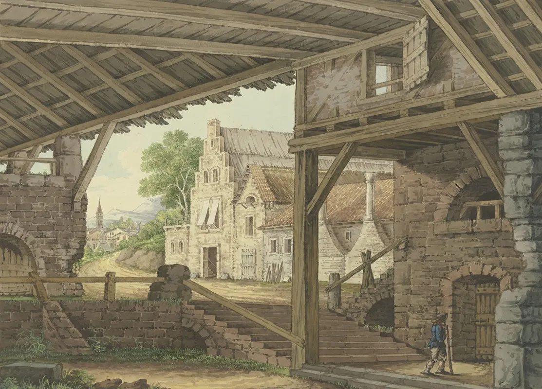 Ein Groser Schuppen Gewahrt Einen Ausblick Auf Ein Dorf by Philipp Jakob Bauer - Canvas Print