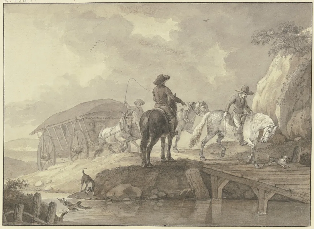 Ein Mit Sacken Beladener Lastwagen Begleitet Von Zwei Reitern Und Zwei Hunden Fahrt Uber Eine Brucke by Johann Georg Pforr - Canvas Print