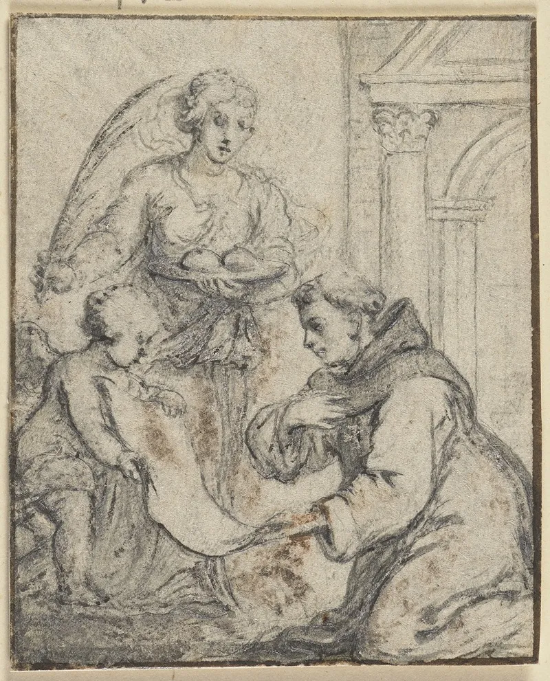Ein Monch Kniet Vor Einem Grosen Engel Der Eine Palme Halt Und Einem Kleinen Der Eine Grose Papierrolle Halt by Abraham van Diepenbeeck - Canvas Print