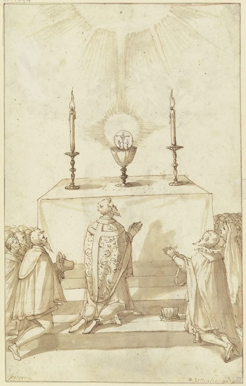 Ein Priester Und Seine Gemeinde In Der Anbetung Der Transsubstantiation