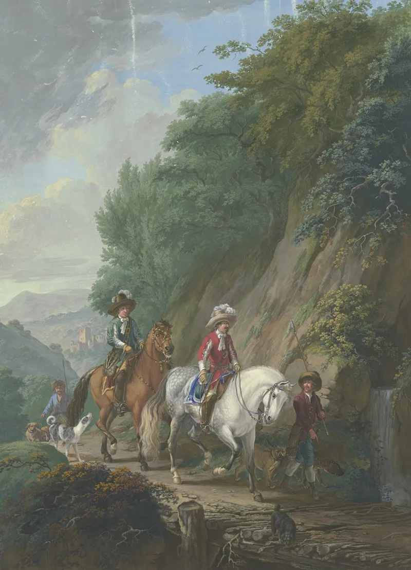 Ein Rotgekleideter Kavalier Auf Einem Schimmel Mit Gefolge Reitet Auf Einem Steilen Bergweg Uber Eine Holzbrucke Bei Einem Wasserfall