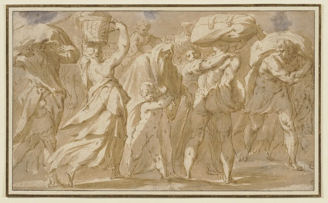 Ein Zug Von Mannern Frauen Und Kindern Die Sacke Und Korbe Tragen by Hans Speckaert - Canvas Print
