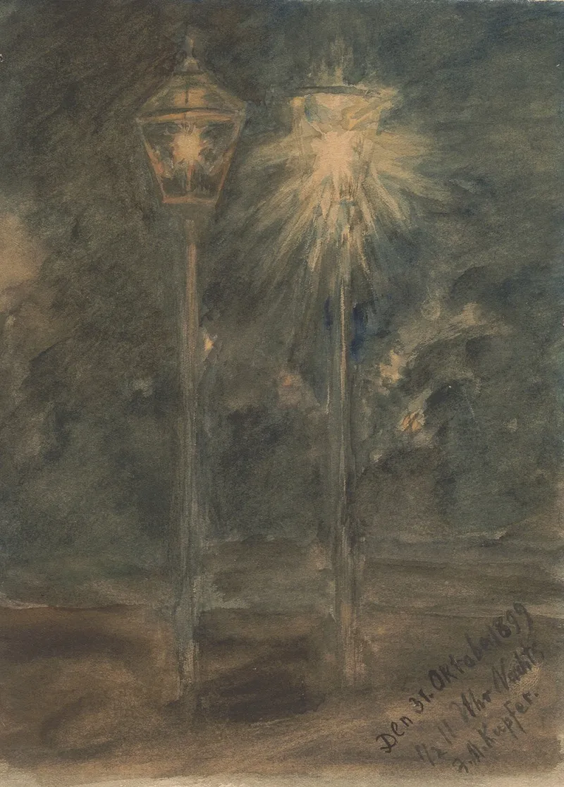 Eine Alte Und Eine Neue Gaslaterne In Der Nacht Des 31 Oktobers 1899 by Johann Michael Kupfer - Canvas Print