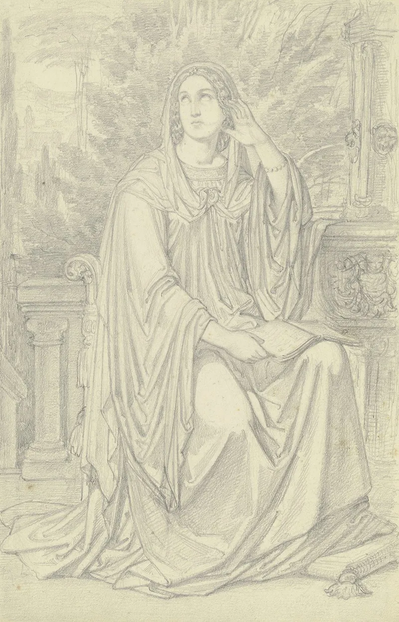 Eine Dame An Einem Brunnen Sitzend Mit Lekture Beschaftigt