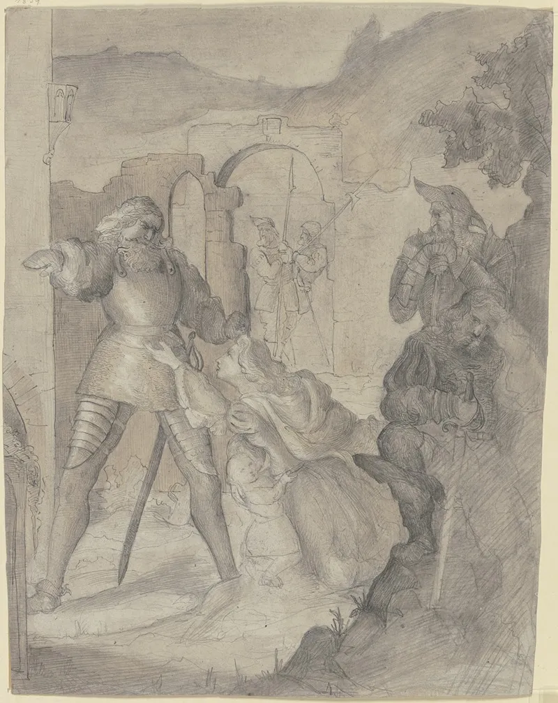 Eine Frau Mit Einem Kinde Kniet Flehend Vor Einem Ritter Daneben Andere Ritter Und Eine Burg