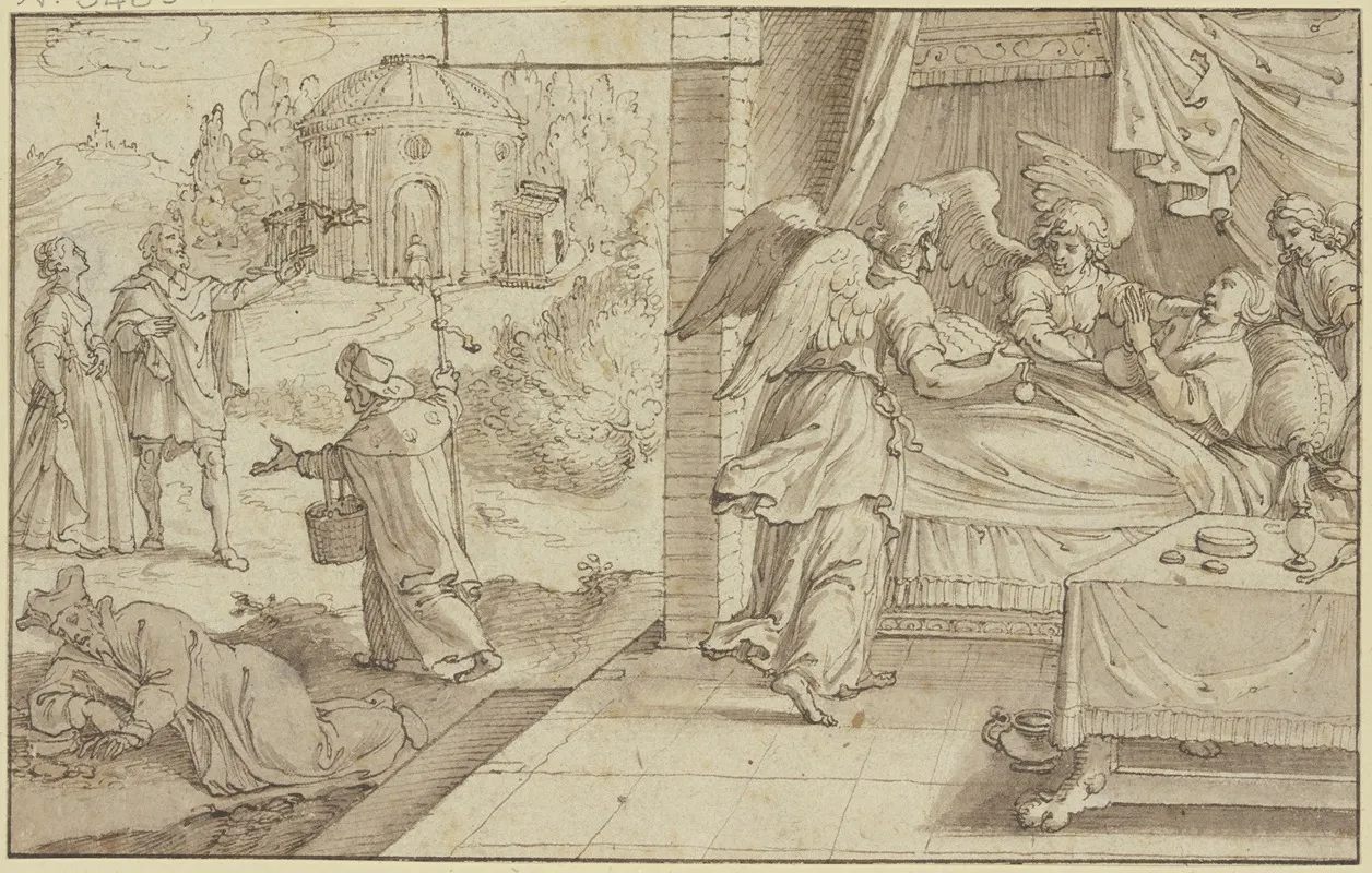Eine Heilige Krank Im Bette Liegend Von Engeln Getrostet by Pieter de Jode I - Canvas Print