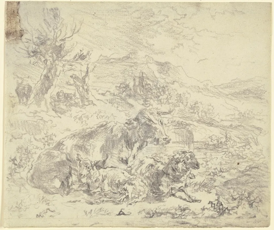 Eine Kuh Eine Ziege Und Ein Schaf Beieinander In Einer Bergigen Landschaft Liegend