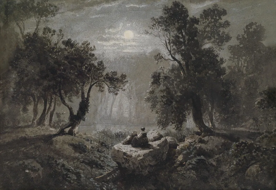 Eine Romantische Waldlandschaft Im Mondlicht by Oswald Achenbach - Canvas Print