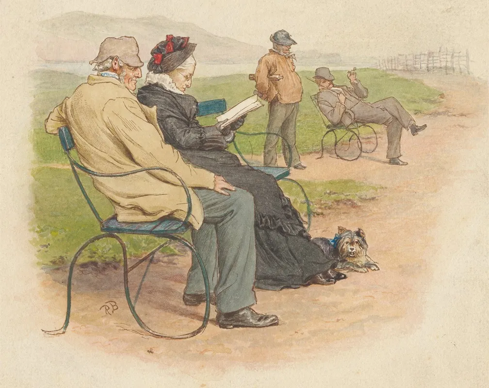 Elderly Couple On A Park Bench With Two Men Beyond