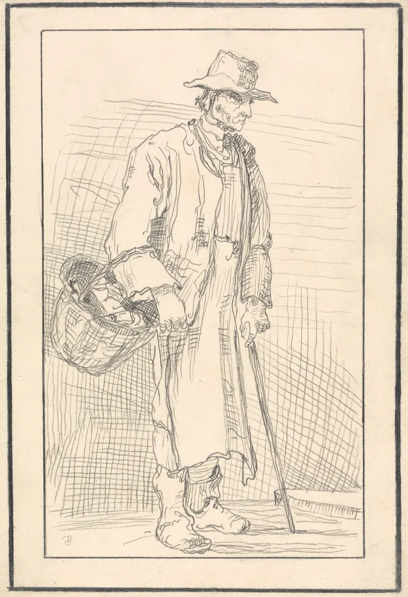 Elderly Figure With A Basket And Cane