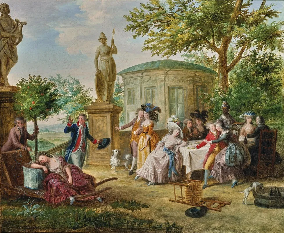 Elegant Figures Dining In A Classical Garden