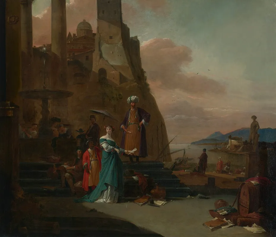 Elegant Figures Including A Man In Turkish Dress On The Quay Of A Mediterranean Port