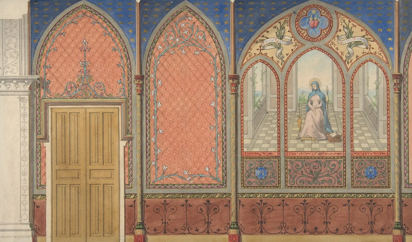 Elevation Of A Church Or Chapel With Designs For Ornament And A Painted Triptych Of The Virgin Mary