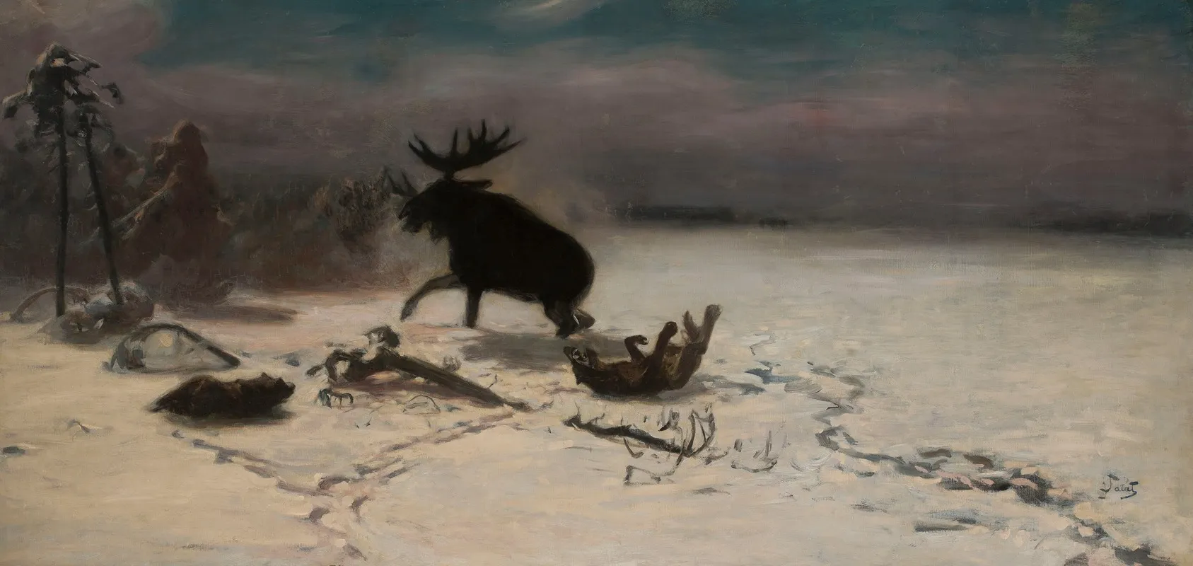 Elk Fighting The Wolves