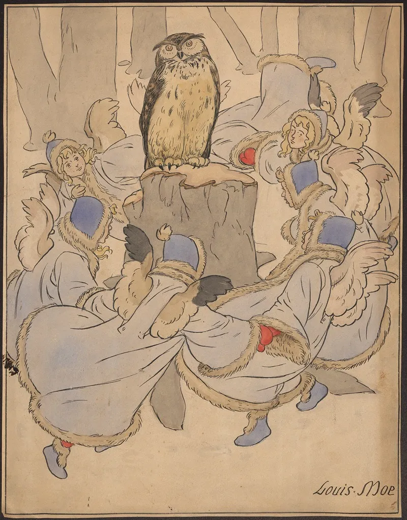 Elves Or Angels In Winter Clothes Dance Around An Owl On A Tree Stump