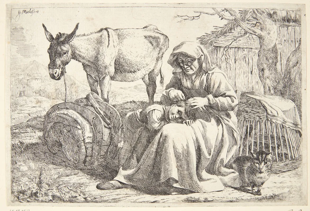 En Aeldre Kvinde Der Reder En Lille Piges Har