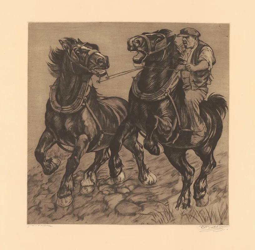En Difficulte Deux Chevaux Lies Par Leur Mors Et Dont Lun Est Monte Par Un Paysan Se Cabrent by Constant Eugène de Busschere - Canvas Print