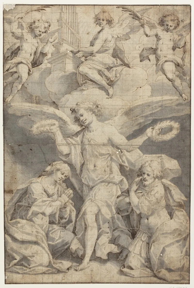 En Engel Kranser En Knaelende Kvinde Og En Knaelende Soldat Mens To Engle I Skyerne Kommer Flyvende Med Palmegrene Og En Tredje Spiller Pa Orgel