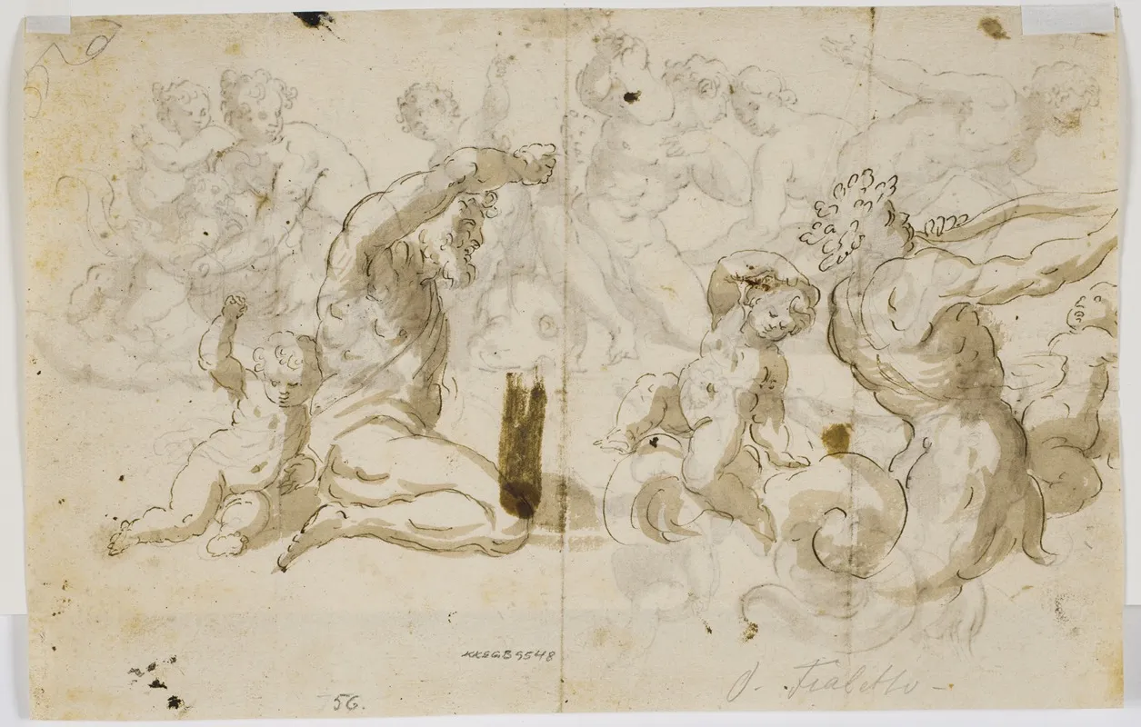 En Havgud Og To Putti by Domenico Piola - Canvas Print