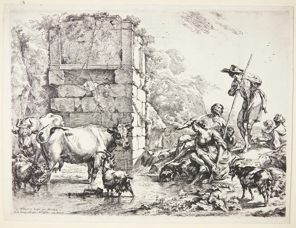 En Hyrde Vander Sine Dyr Ved En Tilgroet Ruin